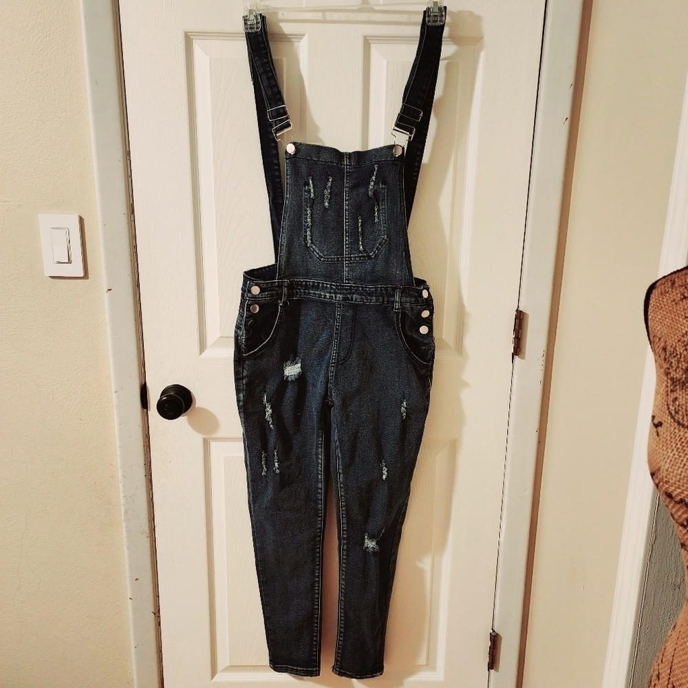 Distressed Dark Wash Denim Overalls Women's Small Inside Pocket Open Back EUC